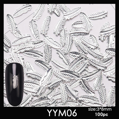 Naujas 100 vienetų nagų dailės dekoravimo aukso ir sidabrinės plunksnos 3D metalinių dalių modeliavimo įrankis nagų dizaino kūrimui