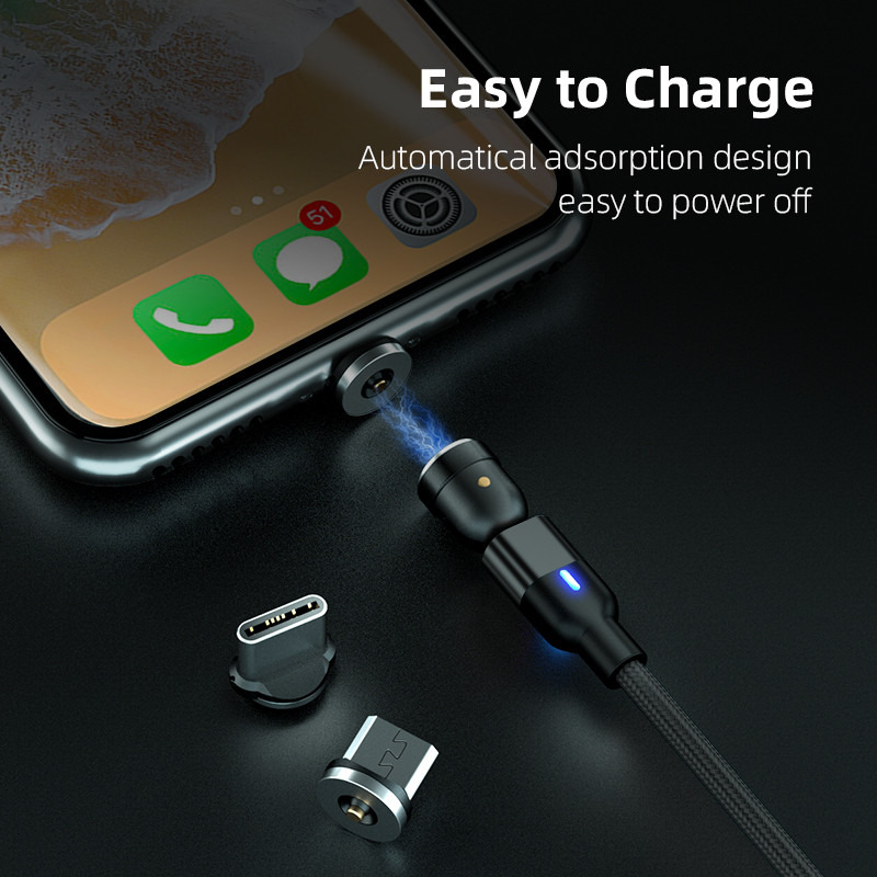 Cablu de încărcare magnetic cu rotire 540 Încărcător magnetic de încărcare rapidă Cablu Micro USB TIP C Cablu de sârmă pentru telefon mobil pentru iPhone Xiaomi