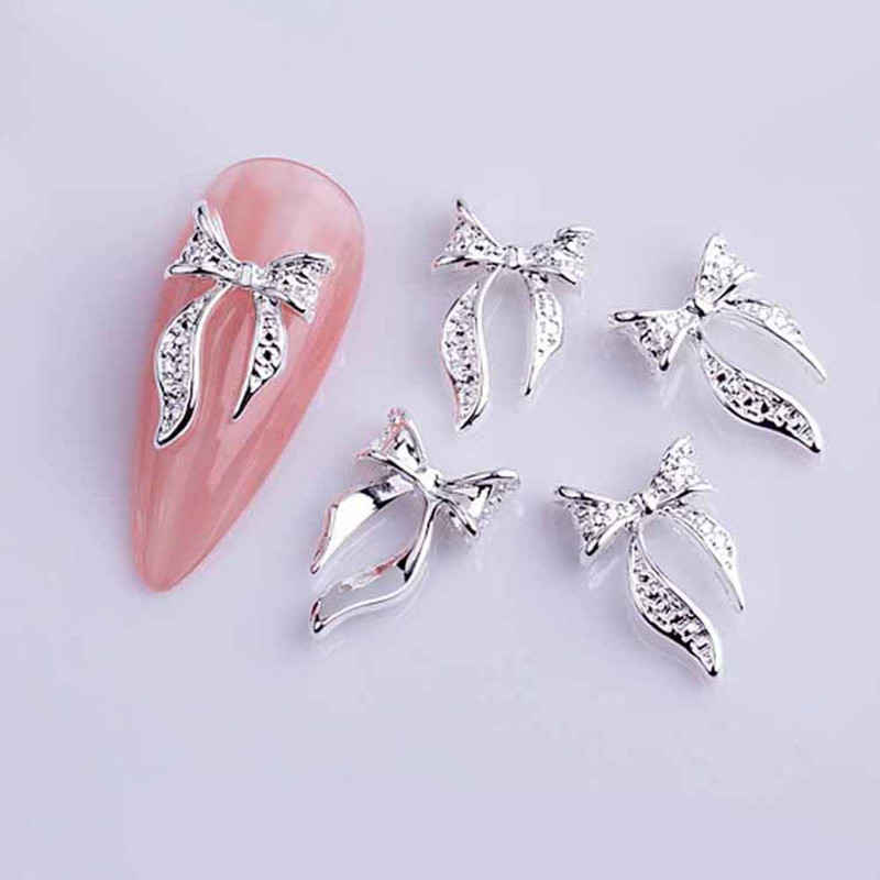 10 vnt. juostelės lankelio nagų deimantiniai pakabukai, 3D blizgus aukso/sidabro lydinio Bowknot papuošalai, nagų dailės puošmena, „pasidaryk pats“ lankelio nagų priedai