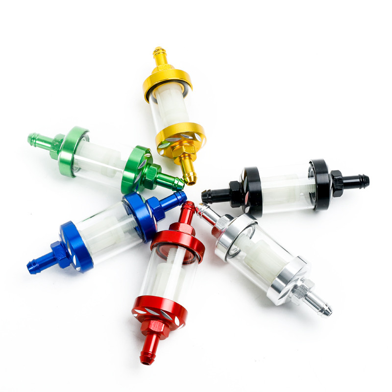 CNC 6 spalvų 8 mm motociklo kuro filtras automobilių benzinas dyzelinas, skirtas motociklų duobėms, purvo dviračių motoroleriams, chromo aliuminio kuro filtras