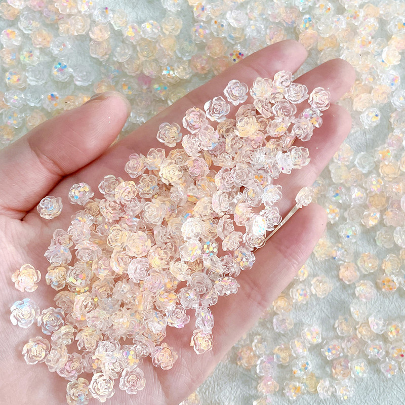 100 vnt mišrios spalvos dervos nagų žavesys 3D Aurora Flowers Rose Flora Heart apvalių nagų dekoravimas „pasidaryk pats“ nagų reikmenys profesionalams