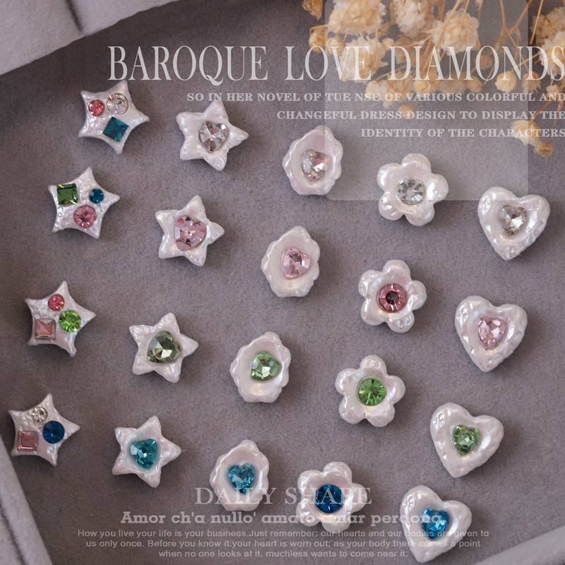 20 vnt. Baroko perlų nagų dailės žavesiai, 3D derva, meilė, žvaigždės formos deimantiniai papuošalai, nagų krištolas, prispaudimas prie nagų, dalys, priedai