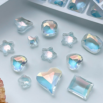 Кристално синьо AB нокти Aurora кристали Смесена форма 3D декорация за нокти Пеперуда Звезда Сърце Ромб Плоски камъни Маникюр със скъпоценни камъни