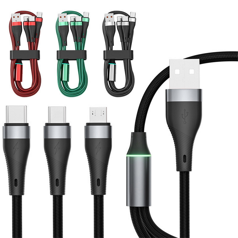 100 W 3 u 1 tip C Micro USB podatkovni kabel Svjetlo za disanje pametnog telefona Kabeli za brzo punjenje Univerzalna linija punjača za telefon s više priključaka 2 m