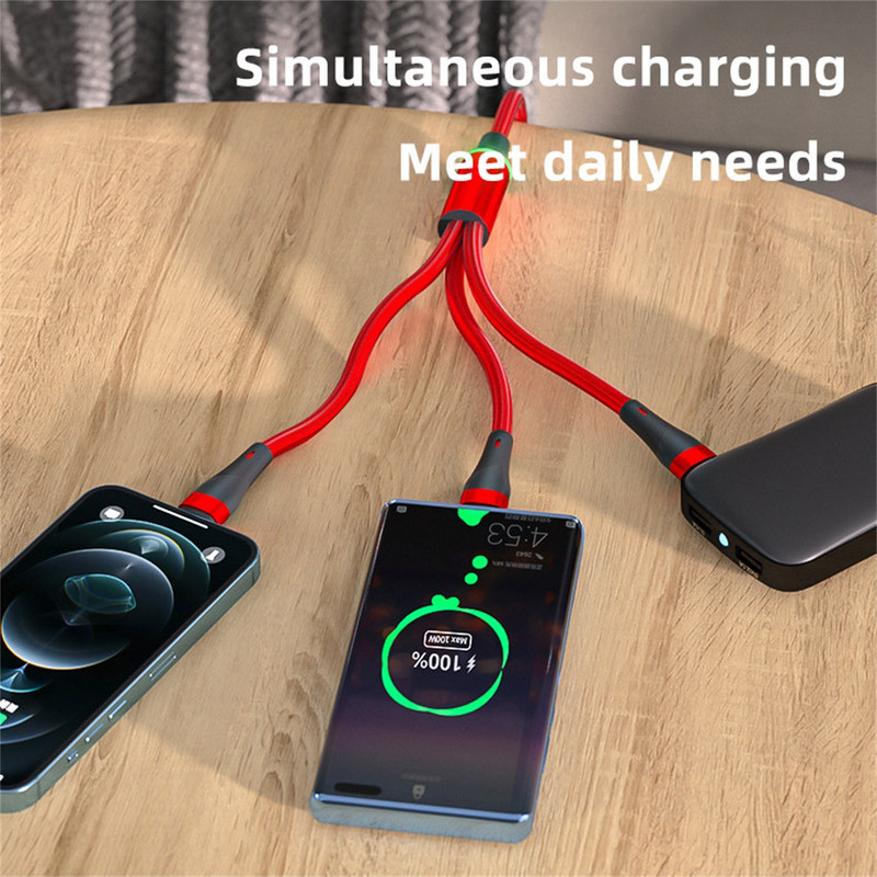 100 W 3 u 1 tip C Micro USB podatkovni kabel Svjetlo za disanje pametnog telefona Kabeli za brzo punjenje Univerzalna linija punjača za telefon s više priključaka 2 m