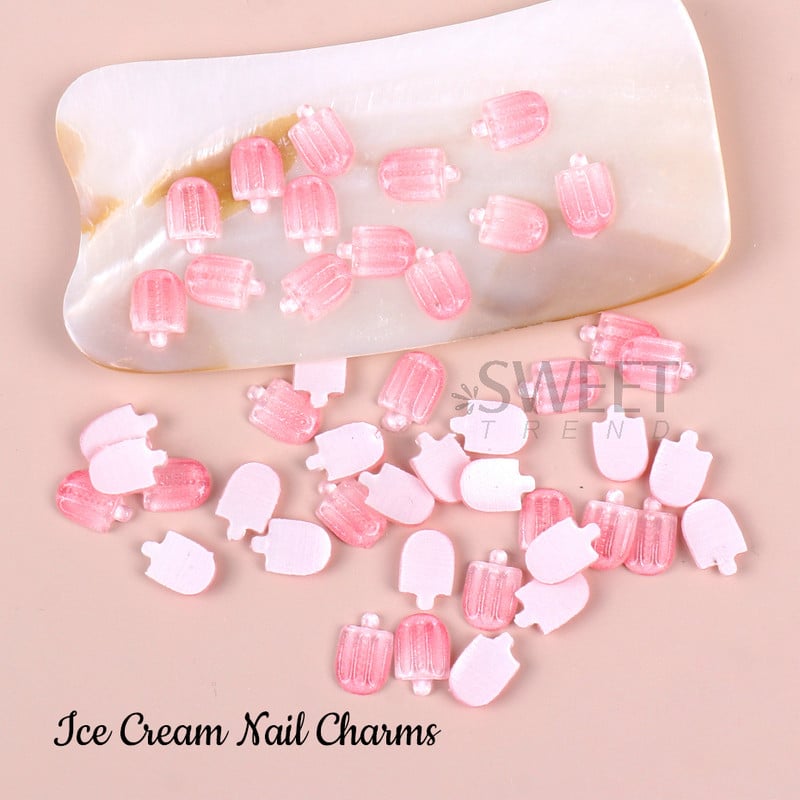 20vnt saldainių ledų nagų pakabukų dalys mielos rožinės spalvos ledinukų dervos papuošalai, saldūs vasariniai Kawaii dekoro akriliniai manikiūro priedai