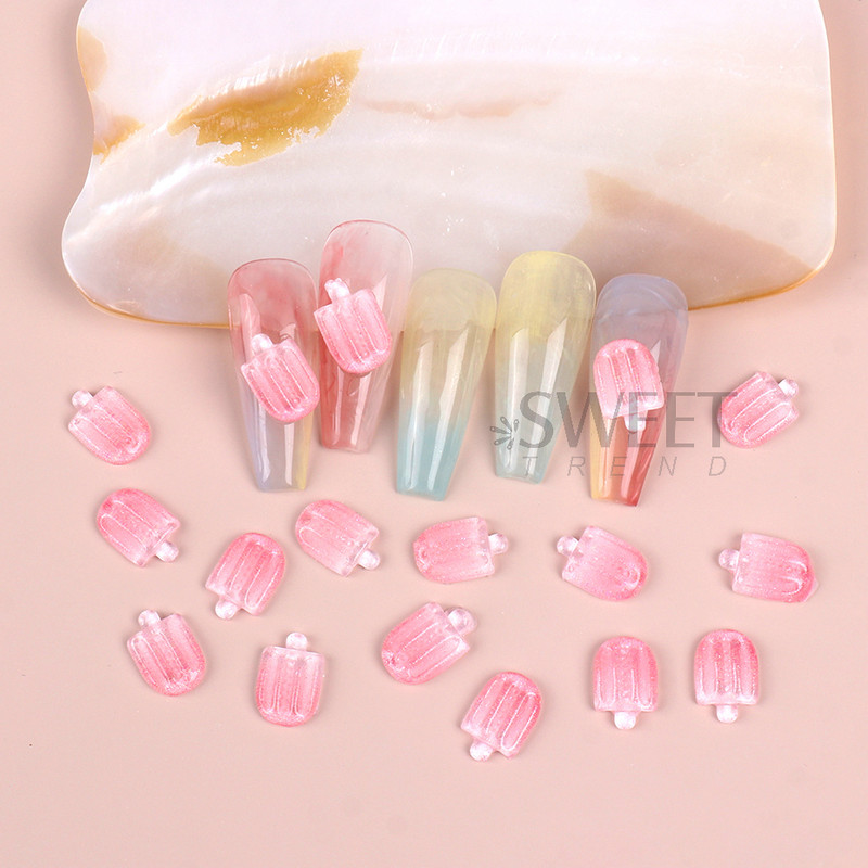 20vnt saldainių ledų nagų pakabukų dalys mielos rožinės spalvos ledinukų dervos papuošalai, saldūs vasariniai Kawaii dekoro akriliniai manikiūro priedai