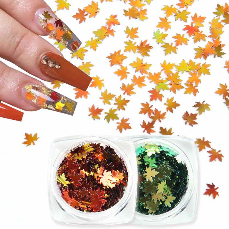 1 kutija Holografski javorovi listovi Nail Art Šljokice Narančasto Zlatno Crveni Tanki svjetlucavi Paillette listići Jesenska manikura Ukrasi za nokte