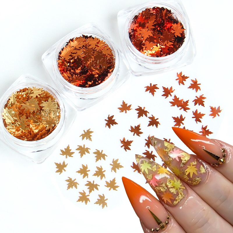 1 kutija Holografski javorovi listovi Nail Art Šljokice Narančasto Zlatno Crveni Tanki svjetlucavi Paillette listići Jesenska manikura Ukrasi za nokte