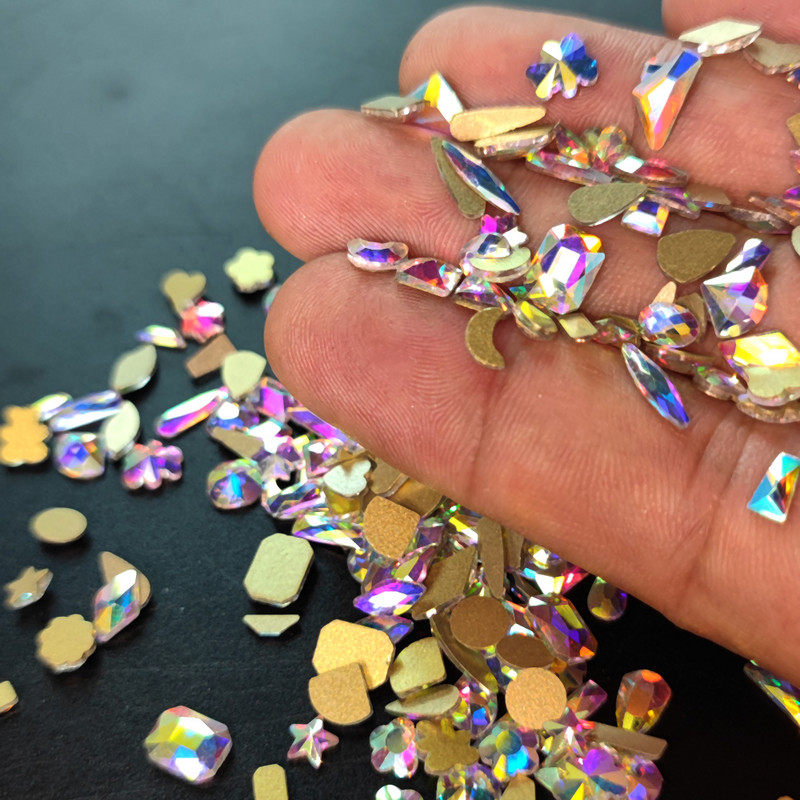 20 buc. AB, forme diferite, nail art, strass, bijuterii, strass, toate dimensiunile, pietre de sticlă cu spate plat pentru decorarea 3D a unghiilor