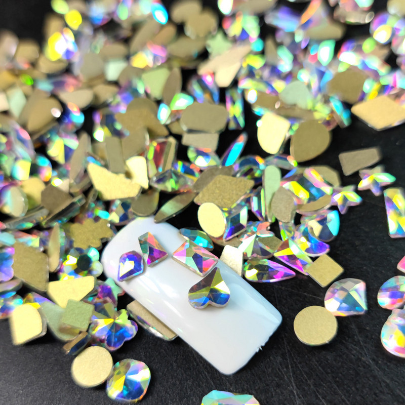 20 buc. AB, forme diferite, nail art, strass, bijuterii, strass, toate dimensiunile, pietre de sticlă cu spate plat pentru decorarea 3D a unghiilor