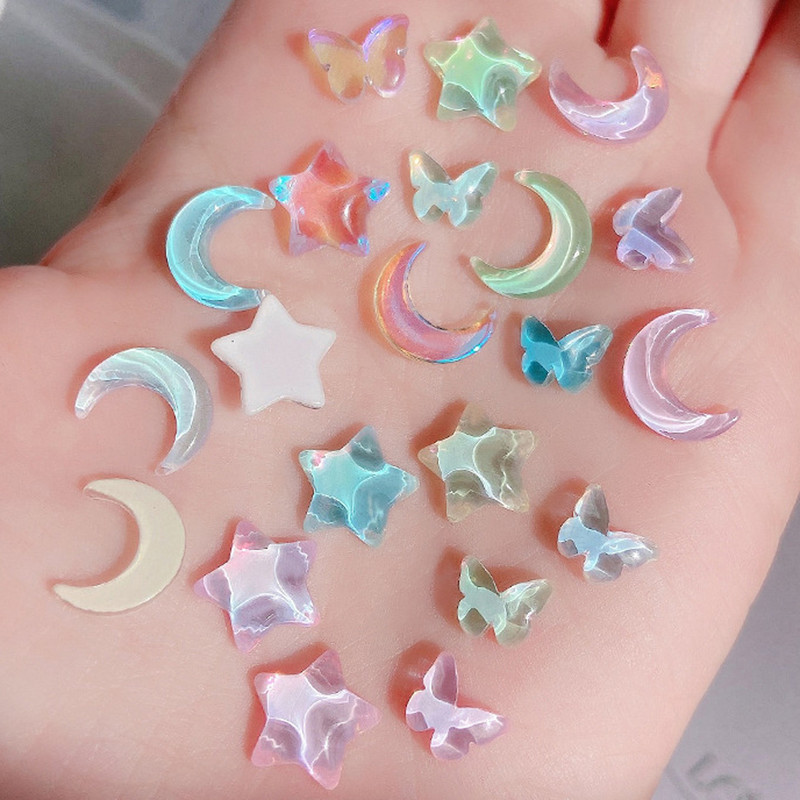 20pcs 2023 New Butterflies Star Naill Rhinestones 3D Aurora Ice Transparent Moon Heart Press na noktima DIY Kawaii dijelovi za nokte