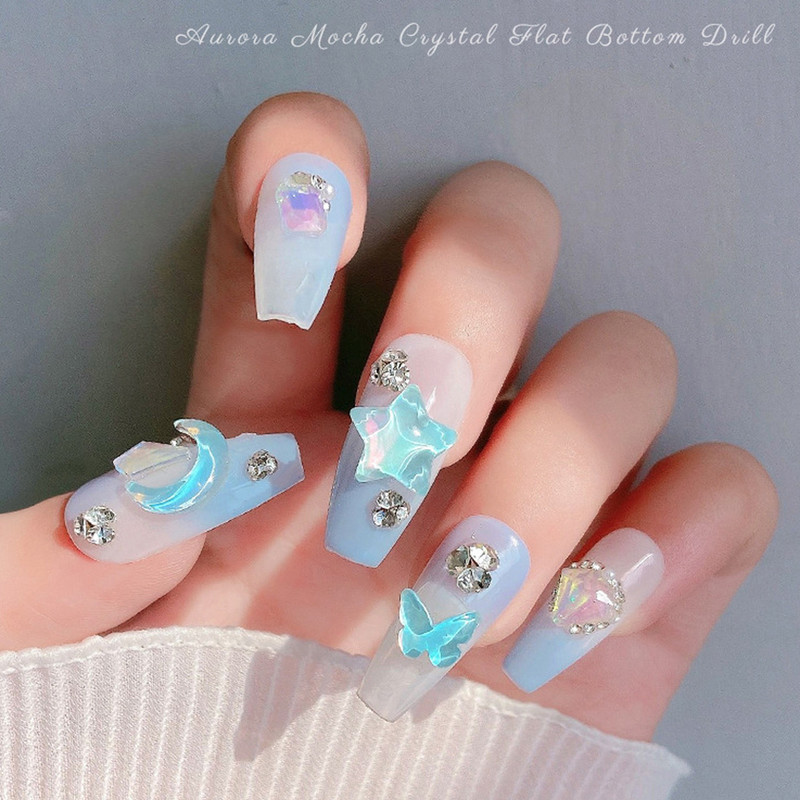 20pcs 2023 New Butterflies Star Naill Rhinestones 3D Aurora Ice Transparent Moon Heart Press na noktima DIY Kawaii dijelovi za nokte