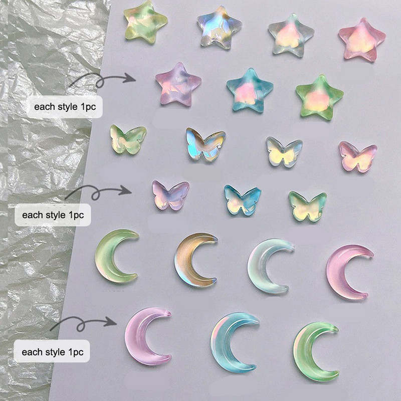 20pcs 2023 New Butterflies Star Naill Rhinestones 3D Aurora Ice Transparent Moon Heart Press na noktima DIY Kawaii dijelovi za nokte