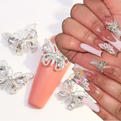 10 τμχ 3D Alloy Nail Charms Πολύτιμοι λίθοι Χρυσό Ασημί Σχέδιο Πεταλούδα Πολυτελή Μεταλλικά Διαμάντια Στρας Glitter Διακοσμητικά νυχιών
