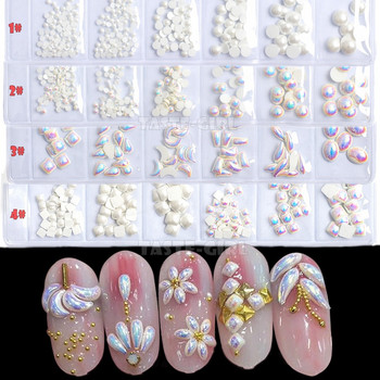 6 решетки/опаковка Смесени размери Форми Бели AB Кръгли квадратни перли Изкуство за нокти Бижута Стрази Декорации Скъпоценни камъни Маникюр Дизайн Направи си сам