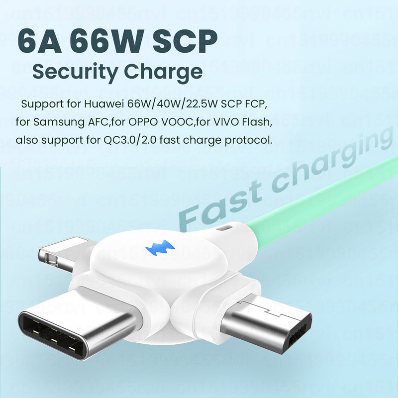 Cablu USB de încărcare rapidă 3in1 6A 66W pentru Huawei Mate 40 Pro 5A Micro USB tip c Cablu de date încărcător USB 3in1 pentru iPhone 13 12 1/2M