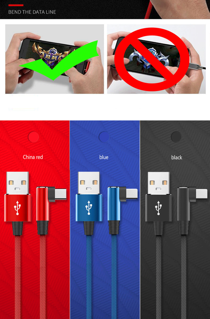 1m 2m 3m 90 kampų USB C tipo C kabelio įkroviklio laidas, skirtas Samsung Huawei Xiaomi USB-C USBC Type-C ilgas greito įkrovimo duomenų laidas