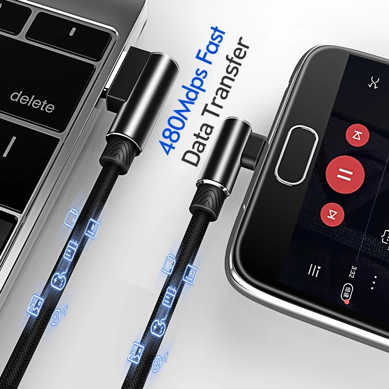 1m 2m 3m 90 kampų USB C tipo C kabelio įkroviklio laidas, skirtas Samsung Huawei Xiaomi USB-C USBC Type-C ilgas greito įkrovimo duomenų laidas