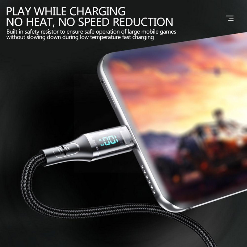 USB C į USB Type C laidas 66W LED skaitmeninis ekranas telefono įkrovimo laidas, skirtas Samsung Huawei USB C tipo duomenų kabelio laidas U0E3