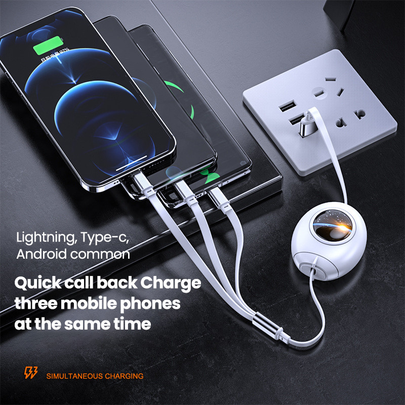 3in1 USB laidas, skirtas iPhone 14 13 12 Pro Max Micro USB Type C kabelis 3 in 1 5A ištraukiamas USB C įkrovimo laidas, skirtas Samsung S20 S9