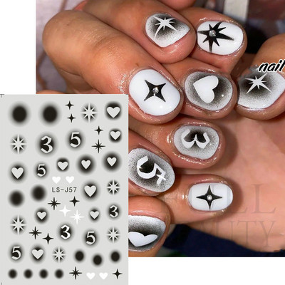 Baltas, melnas zvaigznes, nagu uzlīmes, neregulāras pentagrammas uzlīmes, rozā lāzers, spīdīgi spīdumi, zvaigžņu gaiši manikīra rotājumi, slīdnis SO-165