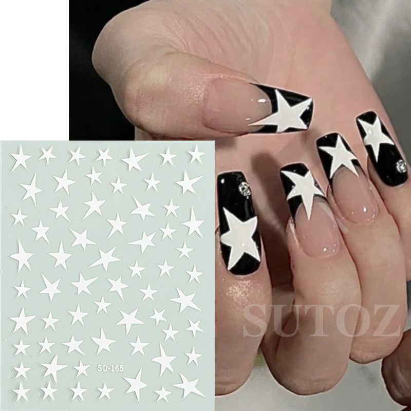 Baltos juodos žvaigždės nagų lipdukai netaisyklingi pentagramos lipdukai rožiniai lazeriu blizgantys blizgučiai žvaigždžių manikiūro papuošalai slankiklis SO-165