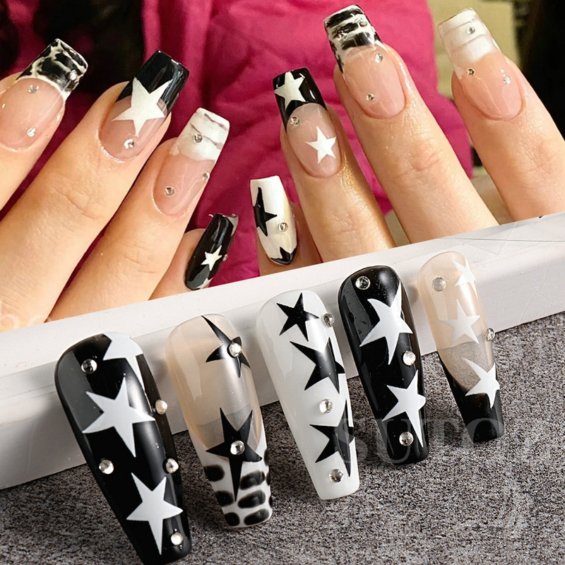 Baltos juodos žvaigždės nagų lipdukai netaisyklingi pentagramos lipdukai rožiniai lazeriu blizgantys blizgučiai žvaigždžių manikiūro papuošalai slankiklis SO-165