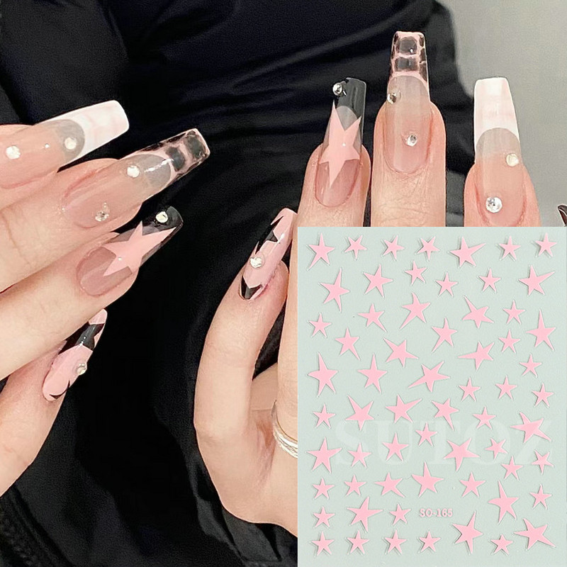 Baltos juodos žvaigždės nagų lipdukai netaisyklingi pentagramos lipdukai rožiniai lazeriu blizgantys blizgučiai žvaigždžių manikiūro papuošalai slankiklis SO-165