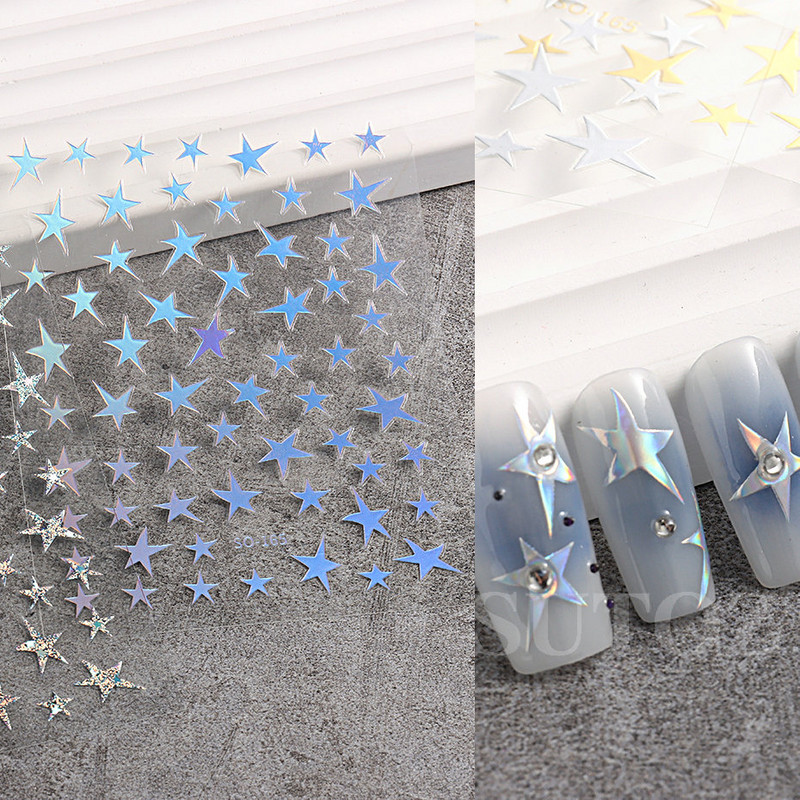 Baltos juodos žvaigždės nagų lipdukai netaisyklingi pentagramos lipdukai rožiniai lazeriu blizgantys blizgučiai žvaigždžių manikiūro papuošalai slankiklis SO-165