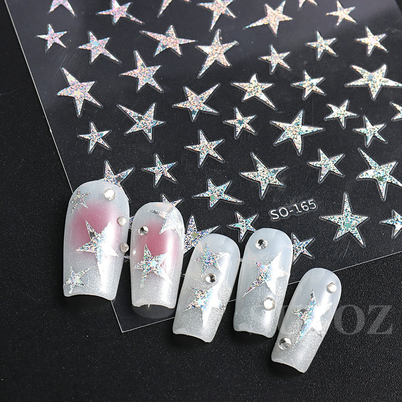 Baltos juodos žvaigždės nagų lipdukai netaisyklingi pentagramos lipdukai rožiniai lazeriu blizgantys blizgučiai žvaigždžių manikiūro papuošalai slankiklis SO-165