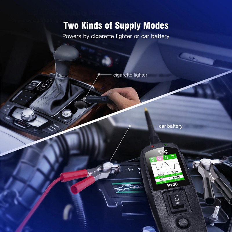 JDiag P100 automobilio elektros grandinės testeris 12V 24V automobilių grandinės testeris Integruotas žibintuvėlis elektros sistemos diagnostikos įrankis