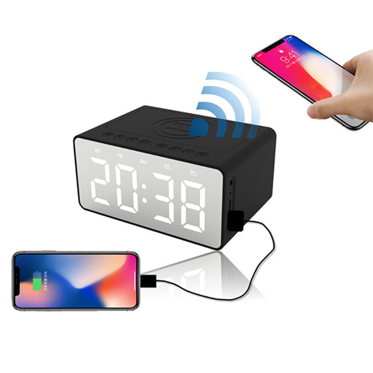 BT508 Difuzor Bluetooth fără fir cu oglindă Afișaj LED portabil Radio FM cu încărcător fără fir Subwoofer stereo Mini ceas cu alarmă