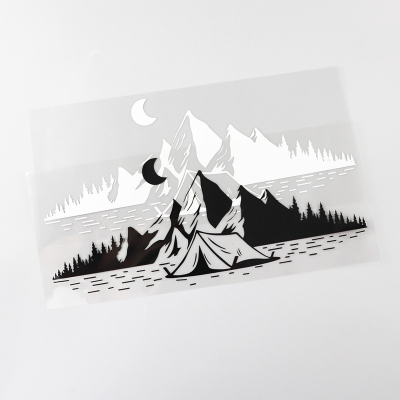 Juodos/sidabrinės kempingo kelionės kalnuose Mėnulio lipdukas Vinilinis automobilio lipdukas 25,5CMX11,1CM