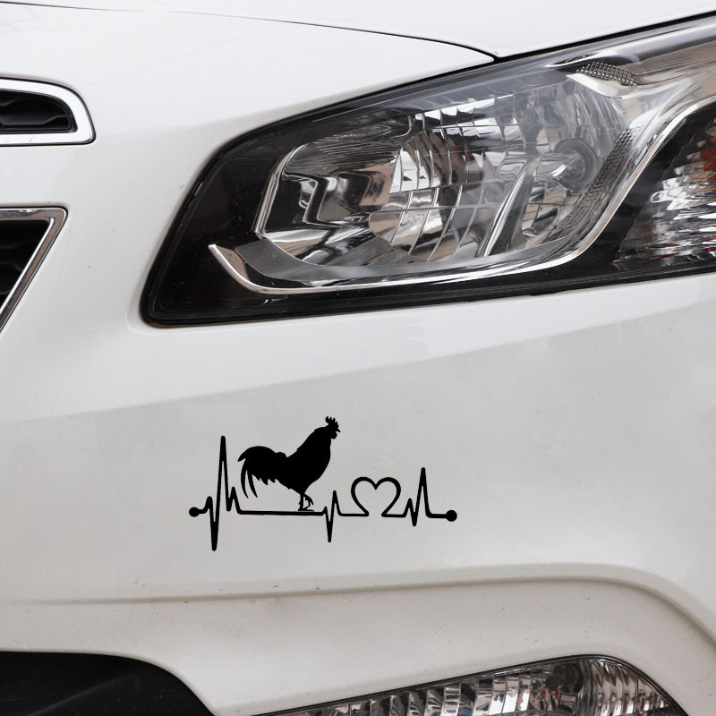 1 vnt 16,4cm*8,3cm Farm Rooster Chicken Poultry Vintage Heartbeat Line Vinilinis juodas/sidabrinis automobilio lipdukas, skirtas Skoda lipdukams