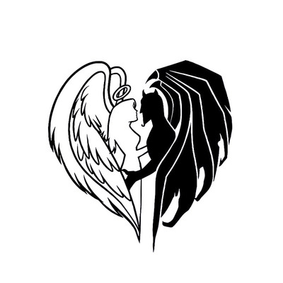 Susisiekite ir tapkite širdimi demono angelo lipdukas juodas/sidabrinis vinilinis automobilio lipdukas, dengiantis kėbulą, automobilio dalys 14,5*15,1 cm