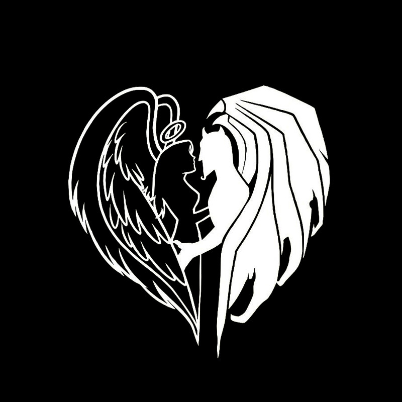 Susisiekite ir tapkite širdimi demono angelo lipdukas juodas/sidabrinis vinilinis automobilio lipdukas, dengiantis kėbulą, automobilio dalys 14,5*15,1 cm