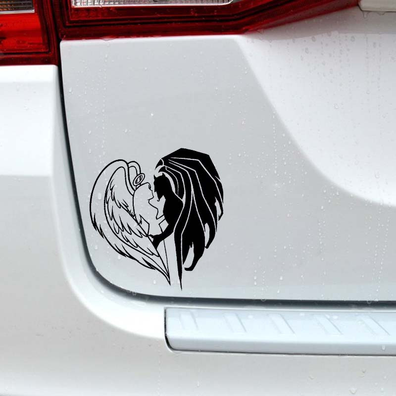 Susisiekite ir tapkite širdimi demono angelo lipdukas juodas/sidabrinis vinilinis automobilio lipdukas, dengiantis kėbulą, automobilio dalys 14,5*15,1 cm