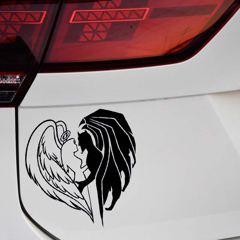 Susisiekite ir tapkite širdimi demono angelo lipdukas juodas/sidabrinis vinilinis automobilio lipdukas, dengiantis kėbulą, automobilio dalys 14,5*15,1 cm