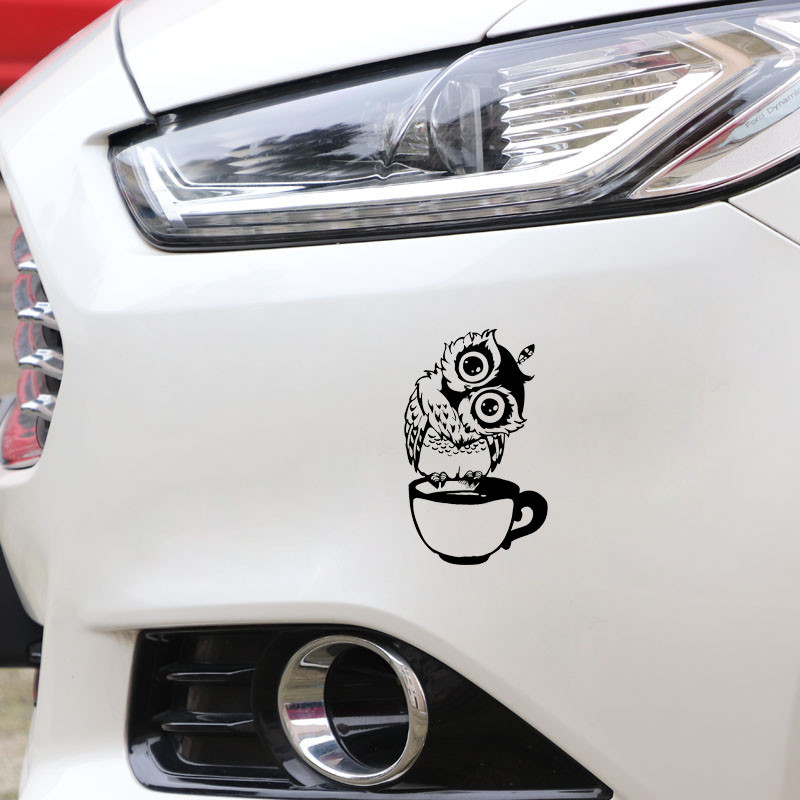 8,7 cm * 14,3 cm Juokingas animacinis pelėdos puodelis arbatos vinilo juodos/sidabrinės spalvos automobilio lipdukas, skirtas „Citroen“ lipdukams