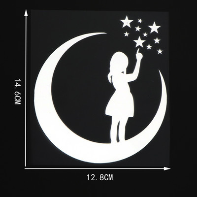 YJZT 12,8 × 14,6 cm Maža mergaitė, stovinti ant mėnulio, skaičiuojanti žvaigždes Juokingi vinilo lipdukai Automobilių lipdukai juodi / sidabriniai 10A-0487
