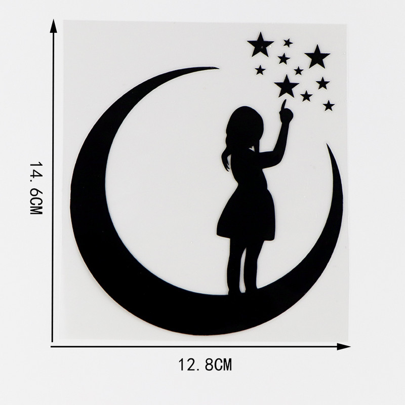 YJZT 12,8 × 14,6 cm Maža mergaitė, stovinti ant mėnulio, skaičiuojanti žvaigždes Juokingi vinilo lipdukai Automobilių lipdukai juodi / sidabriniai 10A-0487