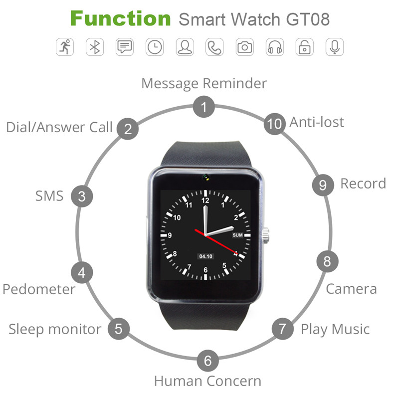 Pametni satovi GT08 Clock Sync Notifier Podrška Sim TF kartica Bluetooth povezivanje Android telefon Sat Kamera Sport Pametni sat