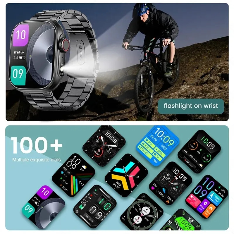 Uus valgustusega LED-taskulamp 2,01-tolline HD-suure ekraaniga spordikell Tervise jälgimine Bluetoothi kõne nutikell 2023, mehed, naised