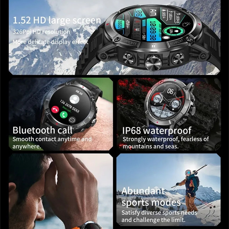 Ceas inteligent NX8 Sport în aer liber BT Call Busolă 1,52 inci Brățară cu ecran mare 400 mAh Monitorizare sănătate a bateriei Tracker Smartwatch