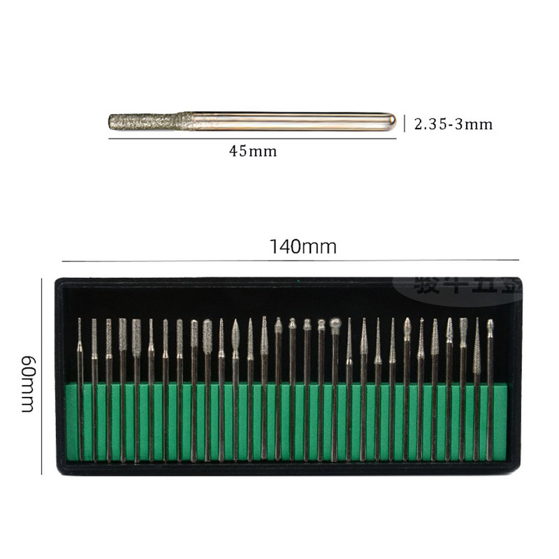 30 tk/komplekt Varrega teemanthambad elektrilise veski jaoks 2,35 mm puuriterade pöörlevate tööriistade komplekt koos kasti maniküüri abrasiivsete tööriistadega