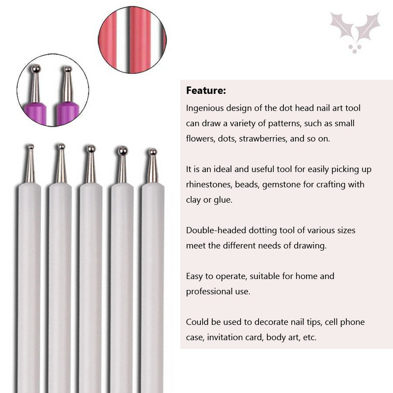 5 tk. komplekt UV-geelmaali küünte joonistamiseks täppispliiatsiga akrüülist käepidemega kivipuidust kahesuunaline pintsel, salongi kaunistus maniküüri tööriistade komplekt