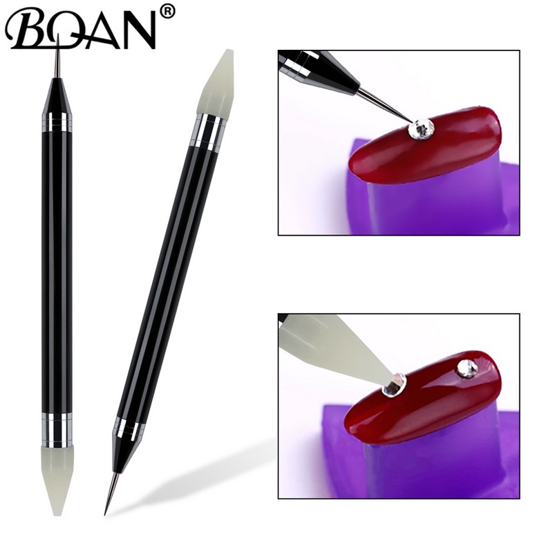 BQAN 1PCS Μαύρο στυλό νυχιών με κουκκίδες διπλής όψης Κρυστάλλινες χάντρες Λαβή στρας Καρφιά Picker Μολύβι Κερί Μανικιούρ Νυχιών Εργαλείο τέχνης