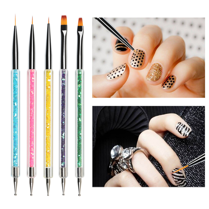 BQAN 5 buc. perie pentru arta unghiilor, design, vârf, pictură, desen, sculptură, pentru unghii, pix pentru unghii, căptușeală cu ventilator plat, gel acrilic, instrument de lustruit UV, manichiură