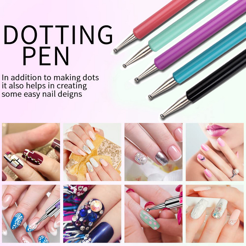 5 buc/set cu două capete Nail Art Dotting Pen Strass Mâner 3D UV Gel Liner Model de flori Desen Pictură Perie Instrumente de manichiură